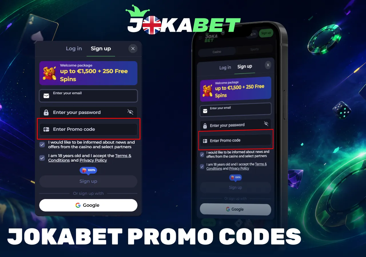 promo codes during registration with a welcome package, bonus funds and free spins for new players.